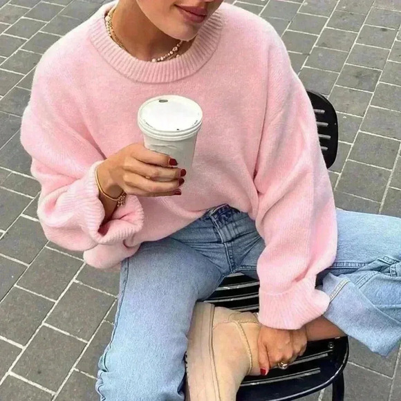 Pink Casual Women's Loose Drop Shoulder Pullover Sweater - Picture 2 of 3